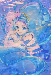  1girl aizen_(syoshiyuki) blue_eyes blue_hair braid braided_bangs bridal_gauntlets commentary_request crop_top cure_mermaid go!_princess_precure highres kaidou_minami long_hair looking_at_viewer magical_girl merfolk mermaid midriff monster_girl one-hour_drawing_challenge ponytail precure smile solo tiara very_long_hair 