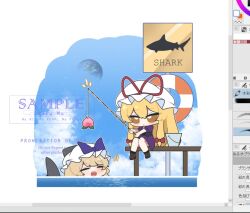  ! !! 2girls art_program_in_frame blonde_hair boots bow brown_boots brown_eyes bucket chibi chibi_only closed_eyes commentary dress earth_(planet) fins fish_tail fishing fishing_rod food fruit hair_bow hat hat_bow hat_ribbon holding holding_fishing_rod kemonomimi_mode long_hair mob_cap multiple_girls no_noru open_mouth peach planet purple_bow purple_dress red_bow red_ribbon ribbon sample_watermark shark_tail sharp_teeth sitting tail teeth touhou very_long_hair watatsuki_no_toyohime watatsuki_no_toyohime_(shark) water watermark white_hat yakumo_yukari 