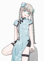  1girl :o anyuworld bad_id bad_twitter_id black_shorts blue_dress blue_eyes braid bun_cover china_dress chinese_clothes cowboy_shot double_bun dress earrings floral_print grey_background grey_hair hair_bun head_tilt highres jewelry leaning_on_object leg_up long_hair looking_at_viewer open_mouth original print_dress ring short_sleeves shorts side_slit simple_background solo standing thigh_strap twin_braids very_long_hair 