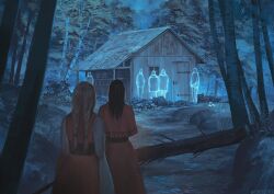  2girls 5others ambiguous_gender black_hair blonde_hair braid building capelet commentary dress facing_away forest ghost monokubo multiple_girls multiple_others nature night original outdoors red_capelet red_dress scenery standing tree twin_braids twitter_username untranslatable_commentary 