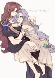  2girls 37_(reverse:1999) :o ancient_greek_clothes arm_around_another's_waist armlet artist_request barefoot black_dress blue_eyes blue_hair commentary_request commission dress english_text feet_out_of_frame from_side full_body gold_choker greco-roman_clothes green_eyes hair_between_eyes hand_in_another's_hair heads_together highres hug jewelry long_dress long_hair looking_up multiple_girls profile red_hair reverse:1999 second-party_source sitting sitting_on_lap sitting_on_person sophia_(manus_vindictae)_(reverse:1999) sophia_(reverse:1999) tearing_up toga very_long_hair white_background yuri 