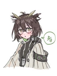  1girl :o antenna_hair arknights armband blush brown_hair id_card jacket lanyard long_sleeves looking_at_viewer n2e2k2o2_oxo one-hour_drawing_challenge owl_ears owl_girl rhine_lab_logo short_hair silence_(arknights) simple_background solo upper_body white_background white_jacket yellow_eyes 