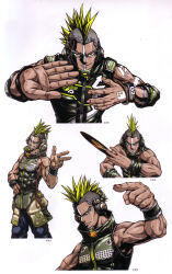  1boy absurdres artbook beatmania_iidx bemani biceps blonde_hair finger_gun goli_matsumoto headphones highres holding_record male_focus mohawk multiple_views muscular muscular_male official_art pointing pointing_at_viewer scan shaved_head short_hair simple_background spiky_hair third-party_source vinyl_record white_background zilch_(beatmania) 