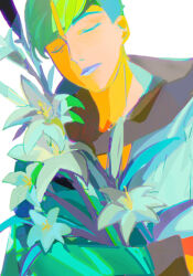  1boy aqua_shirt black_hood blue_lips bouquet closed_eyes commentary flower green_hair hair_ornament hairclip higashikata_jobin highres holding holding_bouquet hood hood_down jojo_no_kimyou_na_bouken jojolion lily_(flower) makeup male_focus shirt short_hair simple_background solo undercut upper_body wfed5748 white_background white_flower 
