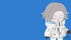  1boy aotsuki_eito artist_name black_gloves black_shoes blue_background closed_eyes commentary_request danganronpa_(series) glasses gloves grey_hair highres jacket male_focus open_mouth pants rizu_(rizunm) shoes simple_background solo teeth the_hundred_line_-last_defense_academy- upper_teeth_only watermark white_jacket white_pants 