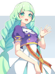  1girl :d absurdres aikatsu! aikatsu!_(series) aikatsu_planet! blunt_bangs braid commentary_request cowboy_shot dress green_eyes green_hair grey_background hand_up highres long_hair looking_at_viewer multicolored_hair nokita_(pinmisil) open_mouth pleated_dress puffy_short_sleeves puffy_sleeves purple_shirt q-pit red_sash sash shirt short_sleeves smile solo standing star_(symbol) streaked_hair twin_braids very_long_hair white_dress 