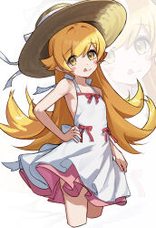  1girl :q absurdres amamiyayk bare_arms bare_shoulders blonde_hair blush_stickers bow brown_hat commentary cropped_legs dress dress_bow flat_chest flipped_hair hand_on_own_hip hat highres long_hair looking_at_viewer monogatari_(series) oshino_shinobu pointy_ears sideless_dress sleeveless sleeveless_dress sun_hat sundress tongue tongue_out untranslatable_commentary very_long_hair white_background white_dress yellow_eyes zoom_layer 