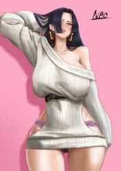  1girl absurdres armpit_crease bare_legs black_hair blunt_ends boa_hancock breasts clothing_cutout collarbone dress earrings hair_over_one_eye hair_over_shoulder hand_on_own_head highres hip_vent jewelry large_breasts long_hair nao019750655 one_piece panties parted_bangs purple_panties snake_earrings sweater sweater_dress underwear 