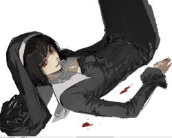  1girl arm_at_side arm_support black_dress black_hair black_veil blood blood_on_hand blunt_bangs blunt_ends bob_cut chinese_commentary cigarette cleavage_cutout clothing_cutout collar commentary_request cross cross_necklace dress feet_out_of_frame frilled_sleeves frills g7cdpdto2i6hot6 hand_on_floor headband high_collar highres jewelry latin_cross legs_together legs_up limbus_company long_dress long_sleeves looking_at_viewer lying lying_upside-down necklace nun nun_headdress on_back open_mouth priestess project_moon puritan_collar red_eyes ryoshu_(project_moon) short_hair simple_background smile smoking solo tight_clothes tight_dress turning_head upper_body veil white_background white_collar 