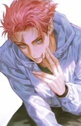  1729shun 1boy absurdres commentary_request facial_mark highres itadori_yuji jujutsu_kaisen jujutsu_kaisen_modulo male_focus messy_hair pink_hair scar scar_on_face scar_on_mouth solo spiky_hair undercut 