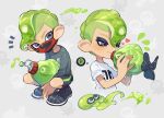  &gt;_&lt; 8_(e_uu88) black_eyes black_footwear black_shirt blush commentary_request green_hair grey_background heart holding holding_weapon long_sleeves male_focus mask mohawk mouth_mask multiple_views musical_note octoling shirt short_sleeves shorts simple_background smile splatoon_(series) squatting t-shirt tentacle_hair weapon 