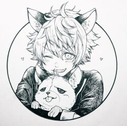  1boy animal greyscale grin holding holding_animal hyena hyena_boy hyena_ears looking_at_viewer male_focus monochrome night_raven_college_school_uniform one_eye_closed ruggie_bucchi school_uniform short_hair smile solo submarine_(o0azure0o) traditional_media twisted_wonderland upper_body 
