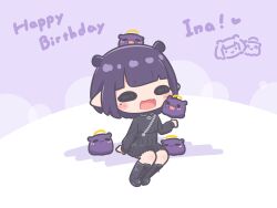  >_o 1girl :3 =_= ^_^ absurdres black_dress blush_stickers boots closed_eyes dress english_commentary english_text fang halo happy_birthday highres hololive hololive_english mole mole_under_eye mpien ninomae_ina'nis ninomae_ina'nis_(drawn_to_dawn) one_eye_closed open_mouth purple_hair short_hair smile takodachi_(ninomae_ina'nis) tentacle_hair virtual_youtuber 