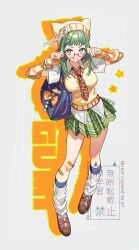  1girl absurdres arm_warmers bag bag_charm bandaid bandaid_on_leg beanie bracelet breasts brown_shoes character_name charm_(object) collared_shirt commentary drop_shadow glasses green_eyes green_hair green_nails green_skirt grin gumi hair_ornament hairclip hands_on_eyewear hat highres jewelry kitou_saji large_breasts looking_at_viewer nail_polish necktie pleated_skirt red-framed_eyewear red_necktie shirt shoes simple_background skirt smile solo standing star_(symbol) striped_arm_warmers sweater untranslatable_commentary vocaloid white_shirt yellow_hat yellow_sweater 