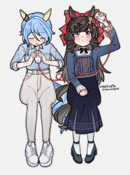  2girls animal_ears black_bow black_skirt blue_hair blue_shirt blush bow braid breasts brown_hair casual closed_eyes closed_mouth collared_shirt commentary daiichi_ruby_(casual)_(umamusume) daiichi_ruby_(umamusume) drill_hair drill_sidelocks ear_covers ear_flower flower hair_between_eyes hair_bow hair_ornament highres horse_ears horse_girl horse_tail k.s.miracle_(casual)_(umamusume) k.s.miracle_(umamusume) long_hair long_sleeves multiple_girls open_mouth pants pantyhose saramiao-chan shirt shoes short_hair sidelocks skirt string_phone tail umamusume violet_eyes white_pants white_pantyhose white_shoes 