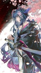  1girl absurdres arknights black_hair black_kimono blue_eyes cherry_blossoms chest_sarashi flower hair_flower hair_ornament hair_wings hand_on_sheath highres holding holding_sword holding_weapon japanese_clothes kimono long_hair looking_at_viewer mio_(arknights) pink_flower profile sarashi solo sword tachi_(weapon) two-tone_kimono weapon white_kimono yu_q_luo_he_wu 