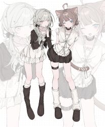  2girls :3 :o ;( ;3 ahoge animal_ears arm_behind_back arms_behind_back belt belt_collar blue_eyes blunt_bangs boots bow brown_belt brown_boots brown_collar brown_hair brown_jacket brown_shoes brown_skirt bubble_skirt cat_ears cat_girl cat_tail collar collarbone commentary commission double_bun dress fang flower frilled_dress frilled_sleeves frills frown full_body green_eyes green_hair hair_bun hair_flower hair_intakes hair_ornament hair_scrunchie halftone hand_on_own_chin hand_up highres jacket knee_boots kneehighs leg_warmers loafers long_hair long_sleeves low_twintails miniskirt multicolored_eyes multiple_girls niaa one_eye_closed original pigeon-toed polka_dot polka_dot_background raised_eyebrows ribbon screentones scrunchie shirt shoes short_hair short_sleeves skeb_commission skin_fang skirt socks standing striped_blush tail tail_ornament tail_ribbon thigh_belt thigh_strap twintails two-tone_eyes very_low_bun white_bow white_dress white_leg_warmers white_ribbon white_shirt white_socks 