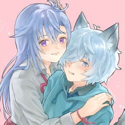 1boy 1girl absurdres animal_ears blue_eyes commentary_request contemporary couple fubuki_(rune_factory) hair_over_one_eye hetero highres kaguya_(rune_factory) long_hair looking_at_viewer rune_factory rune_factory:_guardians_of_azuma short_hair violet_eyes wolf_boy wolf_ears yoshida-smile 