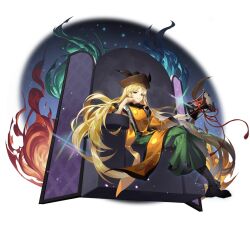  1girl blonde_hair boots brown_boots brown_hat constellation_print detached_sleeves drum energy full_body game_asset green_skirt hat instrument long_hair long_sleeves looking_at_viewer matara_okina non-web_source official_art on_throne orange_sleeves orange_tabard pongu self-datamine simple_background skirt smile solo sun_print tabard throne touhou touhou_arcadia_record transparent_background tsuzumi very_long_hair wide_sleeves yellow_eyes 