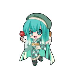  1girl :d aqua_hair aqua_kimono argyle_clothes argyle_kimono bag beret black_boots black_outline blue_eyes blunt_ends blush boots candy_apple chibi chibi_only churro food full_body game_asset gradient_hair green_hat hat hatsune_miku hatsune_miku_graphy_collection holding holding_candy_apple holding_churro holding_food japanese_clothes kimono layered_sleeves long_hair long_sleeves looking_at_viewer multicolored_hair obi obijime open_mouth outline sash shirt_under_kimono shoulder_bag smile solo standing standing_on_one_leg transparent_background very_long_hair vocaloid white_bag yukata 