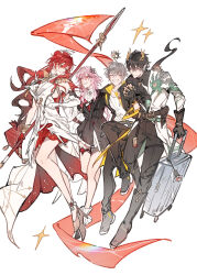  2boys 2girls absurdres black_flower caelus_(honkai:_star_rail) commentary dan_heng_(honkai:_star_rail) dress english_commentary evernight_(honkai:_star_rail) flower flower_ornament gyulseu hair_flower hair_ornament highres himeko_(honkai:_star_rail) himeko_(nova)_(honkai:_star_rail) holding holding_pole honkai:_star_rail honkai_(series) layered_dress march_7th_(honkai:_star_rail) multiple_boys multiple_girls official_alternate_costume official_alternate_eye_color pink_hair pole polearm simple_background star_(symbol) suitcase trailblazer_(honkai:_star_rail) two-tone_dress weapon welt_yang white_background 