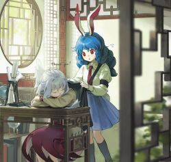  2girls alternate_costume angel_wings black_socks blue_hair blue_skirt blurry book calligraphy_brush chair collared_shirt commentary_request commission covering_with_blanket depth_of_field dress feathered_wings grey_hair grey_wings highres indoors jacket kaigen_1025 kishin_sagume kneehighs long_hair long_sleeves multiple_girls necktie on_chair paintbrush purple_dress red_eyes red_necktie seiran_(touhou) shirt single_wing sitting skeb_commission skirt sleeping socks table touhou white_shirt window wings yellow_jacket 