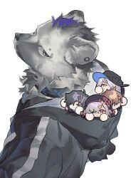 2boys 3girls arknights black_hair black_jacket catapult_(arknights) chibi closed_eyes closed_mouth eyebrow_piercing eyepatch face_piercing furry furry_male grey_fur highres hood hood_down hooded_jacket hyena_boy hyena_ears infection_monitor_(arknights) jacket looking_at_viewer looking_up midnight_(arknights) multicolored_hair multiple_boys multiple_girls nigirikobushi2 open_mouth orchid_(arknights) piercing popukar_(arknights) smile spot_(arknights) streaked_hair 