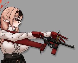  1girl absurdres belt belt_buckle black-framed_eyewear black_belt black_skirt blue_archive breasts brown_hair buckle center_frills chinatsu_(blue_archive) closed_mouth collared_shirt commentary_request frills from_side glasses gloves grey_background gun hair_over_shoulder halo handgun highres holding holding_gun holding_weapon large_breasts long_hair long_sleeves low_twintails mauser_c96 megane504 pleated_skirt pointy_ears profile red_eyes red_gloves reloading shirt simple_background skirt solo twintails weapon white_background white_shirt 