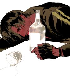  1boy alcohol arm_pillow black_gloves black_hair black_jacket bottle colored_skin commentary_request cup drunk fingerless_gloves flustered gloves head_down highres jacket leon_s._kennedy looking_at_viewer male_focus nanjiyu open_mouth red_skin resident_evil resident_evil:_vendetta short_hair solo spill striped_clothes striped_jacket upper_body 