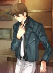  1boy bangs belt belt_buckle black_belt black_jacket black_shirt blue_eyes brown_hair buckle closed_mouth collared_shirt hair_between_eyes highres indoors jacket kaiba_seto long_sleeves looking_at_viewer male_focus necktie open_clothes open_jacket pants shirt short_hair solo standing vvv1356_ygo white_necktie white_pants wing_collar yu-gi-oh! yu-gi-oh!_duel_monsters 