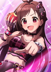  1girl apple black_choker black_gloves brown_hair choker fingerless_gloves food fruit gloves heart heart_o-ring highres holding holding_food holding_fruit idol_clothes idolmaster idolmaster_cinderella_girls long_hair looking_at_viewer nail_polish o-ring o-ring_choker open_mouth pink_nails pink_shirt pointing pointing_at_viewer red_eyes shirt smile solo taba_neruko tsujino_akari very_long_hair 