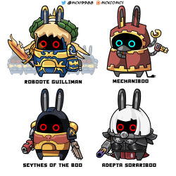  6+others adepta_sororitas adeptus_astartes adeptus_mechanicus animal_ears armor armor_of_fate_(warhammer) bangboo_(zenless_zone_zero) blonde_hair bolt_pistol chainsword crossover emperor's_sword english_text flamer flamethrower hand_of_dominion highres holding_bolter iron_halo laurel_crown mick19988 multiple_others no_humans pauldrons power_armor primarch rabbit_ears roboute_guilliman scythes_of_the_emperor short_hair shoulder_armor techpriest ultramarines warhammer_40k weapon white_hair 