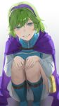  1girl blue_eyes cape e5nf8v feet_out_of_frame fire_emblem fire_emblem:_the_blazing_blade foreshortening green_hair grin hairband highres knees_up long_sleeves looking_at_viewer nino_(fire_emblem) purple_cape purple_hairband shirt short_hair simple_background sitting skirt smile solo white_background white_skirt 
