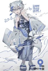  1girl 2026 absurdres aiamu_iamu blunt_bangs card commentary double_bun english_text fish_hair_ornament grey_eyes grey_hair grey_kimono hair_between_eyes hair_bun hair_ornament happy_new_year highres japanese_clothes kimono lanyard open_mouth original platform_sandals sandals short_hair simple_background socks tongue twitter_username white_background white_socks 
