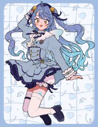  1girl :d ahoge amamiya_kokoro amamiya_kokoro_(1st_costume) arm_up bell beret black_shoes bloomers blue_background blue_border blue_hair blue_ribbon blue_skirt blue_theme border center_frills fake_wings fang frills full_body gradient_hair hair_bell hair_ornament hat highres jingle_bell juliet_sleeves jumping long_hair long_sleeves looking_at_viewer mini_wings monnemu79 multicolored_hair neck_ribbon nijisanji open_mouth puffy_sleeves ribbon shirt shoes skin_fang skirt smile solo thigh-highs two_side_up virtual_youtuber white_shirt white_thighhighs wings x_hair_ornament yellow_eyes 