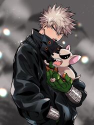 1boy abstract_background animal_on_hand animalization bakugou_katsuki black_jacket blonde_hair blurry blurry_background boku_no_hero_academia chihuahua chiyaya dog eyebrows_hidden_by_hair from_side gloves green_gloves grey_background hair_between_eyes hand_in_pocket hand_up high_collar highres jacket light_particles looking_to_the_side male_focus multicolored_gloves open_mouth orange_eyes orange_gloves partially_open_jacket partially_unzipped person_and_animalization pocket puffy_sleeves short_hair sideways_glance solo spiky_hair three-quarter_sleeves tsurime two-sided_gloves two-tone_gloves upper_body v-shaped_eyebrows wrist_guards zipper 