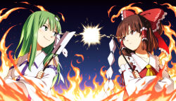  2girls ascot bow breasts brown_eyes brown_hair closed_mouth commentary_request detached_sleeves fire frilled_bow frilled_hair_tubes frills frog_hair_ornament gohei green_eyes green_hair hair_bow hair_ornament hair_tubes hakurei_reimu holding holding_gohei inuno_rakugaki kochiya_sanae lightning_glare long_hair medium_breasts medium_hair multiple_girls red_bow ribbon-trimmed_sleeves ribbon_trim single_hair_tube smile snake_hair_ornament touhou yellow_ascot 