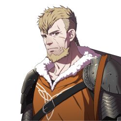  1boy arm_guards armor beard belt belt_buckle braid braided_ponytail brown_eyes brown_hair buckle closed_mouth collarbone facial_hair fire_emblem fire_emblem:_three_houses fur_collar highres jeralt_reus_eisner kurahana_chinatsu looking_at_viewer male_focus mature_male medium_hair official_art pauldrons scar scar_on_face second-party_source short_hair shoulder_armor simple_background single_braid solo thick_beard transparent_background undercut upper_body 