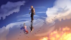  1boy 1girl absurdres aerith_gainsborough armor arms_behind_back artist_name bangle belt bird black_pants black_shirt blonde_hair boots bracelet braid braided_ponytail brown_boots brown_hair cloud_strife clouds cloudy_sky cropped_jacket different_reflection dress final_fantasy final_fantasy_vii final_fantasy_vii_remake full_body hair_ribbon highres jacket jewelry long_dress long_hair multiple_belts pants pauldrons pink_dress pink_ribbon red_jacket reflection ribbon shirt short_hair shoulder_armor single_braid single_pauldron sky spiky_hair suspenders yun_kurta 
