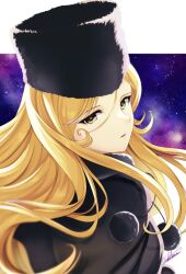  1girl aizawahiroshi black_capelet black_hat blonde_hair capelet commentary_request fur-trimmed_capelet fur_hat fur_trim ginga_tetsudou_999 hat ikeda_masako looking_at_viewer looking_back maetel parted_lips pom_pom_(clothes) signature solo space star_(sky) turning_head upper_body yellow_eyes 