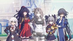  5girls black_dress blue_eyes braid dress drill_hair fu_hua fu_hua_(valkyrie_accipiter) glasses grey_eyes grey_hair highres holding holding_stuffed_toy homu_(honkai_impact) honkai_(series) honkai_impact_3rd multiple_girls murata_himeko murata_himeko_(battle_storm) otwd_2d pleated_skirt ponytail purple_hair raiden_mei raiden_mei_(valkyrie_bladestrike) red-framed_eyewear red_dress short_shorts shorts shrug_(clothing) side_braid skirt smile stuffed_toy theresa_apocalypse theresa_apocalypse_(valkyrie_pledge) twin_drills violet_eyes white_hair 