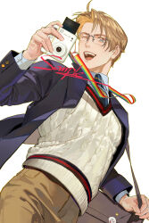 1boy ahoge america_(hetalia) axis_powers_hetalia bag blonde_hair blue_eyes blue_necktie blush brown_bag brown_pants buttons camera camera_around_neck charm_(object) collared_shirt cowboy_shot english_commentary fingernails floating_clothes glasses grey-framed_eyewear hand_up highres holding holding_bag holding_camera jacket lapels long_sleeves looking_at_viewer male_focus necktie one_eye_closed open_clothes open_jacket open_mouth pants purple_jacket rainbow_flag rainbow_flag_print sample_watermark semi-rimless_eyewear shirt short_hair shoulder_bag simple_background smile solo standing star_(symbol) striped_clothes striped_necktie sweater_vest teeth tongue watermark white_background white_shirt white_sweater_vest zhongerweiyuan 