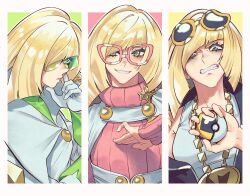  1girl alternate_costume andrich_galam blonde_hair blunt_bangs clenched_teeth eyewear_on_head gloves green_eyes highres holding holding_poke_ball long_hair lusamine_(pokemon) pink_sweater poke_ball pokemon pokemon_sun_and_moon sweater teeth white_gloves 
