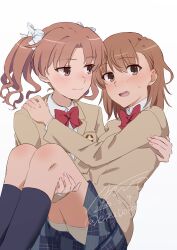  2girls absurdres blazer bow bowtie brown_eyes brown_hair brown_jacket carrying carrying_person collared_shirt commentary_request dated grey_skirt hair_bow highres jacket kneehighs light_blush long_hair long_sleeves medium_hair miniskirt misaka_mikoto multiple_girls plaid_clothes plaid_skirt princess_carry red_bow red_bowtie school_emblem school_uniform sekinaito03 shirai_kuroko shirt shorts shorts_under_skirt skirt smile socks sweatdrop toaru_kagaku_no_railgun toaru_majutsu_no_index tokiwadai_school_uniform twintails twitter_username white_bow white_shirt winter_uniform yuri 
