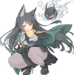  1girl animal_ear_fluff animal_ears aqua_jacket black_gloves black_hair black_necktie black_shoes blunt_bangs blush commentary_request fingerless_gloves fox_ears fox_girl gauntlets gloves green_jacket high-waist_skirt highres horns hoshimi_miyabi jacket long_hair necktie nekonika_(e102k) red_eyes shirt shoes sidelocks simple_background single_fingerless_glove single_gauntlet skirt tailless_(zenless_zone_zero) white_background white_shirt zenless_zone_zero 
