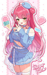  1girl absurdres ahoge asymmetrical_legwear belt blue_belt blue_choker blue_hat blue_skirt blue_sleeves blush breasts choker collarbone colorful_background cropped_legs cross-laced_clothes cross-laced_skirt detached_sleeves dot_nose dotted_line double_bun fingernails food frilled_skirt frills green_eyes hair_bun hair_ornament hairclip hat heart highres hololive ice_cream jewelry large_breasts layered_skirt long_fingernails long_hair looking_at_viewer macaron mini_hat momoniru necklace open_mouth outline parallel_hairclips pearl_necklace pink_background pink_hair pink_outline purple_nails sakura_miko sakura_miko_(11th_costume) shirt side_up_bun single_off_shoulder skirt smile solo steepled_fingers thigh-highs thigh_strap very_long_hair virtual_youtuber white_background white_belt white_outline white_shirt white_thighhighs x_hair_ornament 