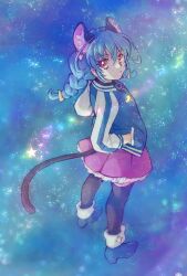 1girl aizen_(syoshiyuki) animal_ears ankle_boots black_thighhighs blue_hair boots braid cat_ears cat_girl cat_tail commentary_request extra_ears full_body hands_in_pockets highres jacket long_hair looking_at_viewer pleated_skirt precure skirt solo star_(sky) star_twinkle_precure starry_sky_background tail thigh-highs twin_braids yuni_(precure) 