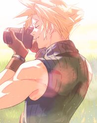  artist_name bare_shoulders black_shirt blonde_hair brown_gloves camera cloud_strife earrings emi-bianchi final_fantasy final_fantasy_vii final_fantasy_vii_rebirth final_fantasy_vii_remake gloves grass highres holding holding_camera jewelry light_blush looking_at_another one_eye_closed outdoors parted_lips ribbed_shirt shirt short_hair single_earring sleeveless sleeveless_turtleneck sparkle spiky_hair taking_picture toned toned_male turtleneck upper_body 