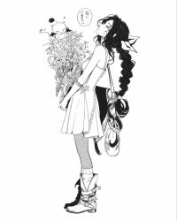 1girl aerith_gainsborough alternate_costume armlet bare_shoulders boots bouquet braid braided_ponytail breasts creature demonerith dress final_fantasy final_fantasy_vii full_body greyscale hair_ribbon highres holding holding_bouquet jewelry medium_breasts monochrome moogle parted_bangs ribbon short_dress sidelocks single_braid socks standing wavy_hair white_socks 