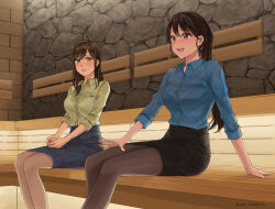  2girls artist_name black_hair black_skirt blue_shirt brown_pantyhose collared_shirt commentary_request commission highres long_hair medium_hair multiple_girls office_lady original pantyhose pencil_skirt pixiv_commission ponytail sauna setu_kurokawa shirt sitting skirt sleeves_rolled_up textless_version twitter_username yellow_shirt 